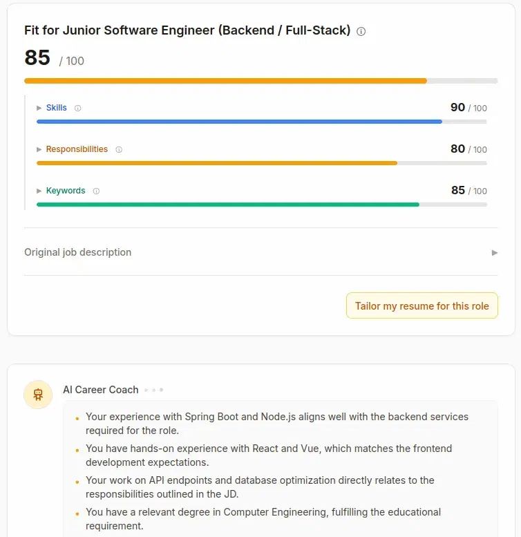 JD match & gaps - sample resume report screenshot