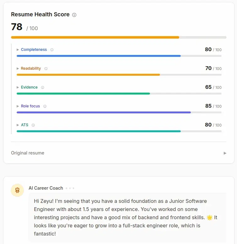Overview & score - sample resume report screenshot