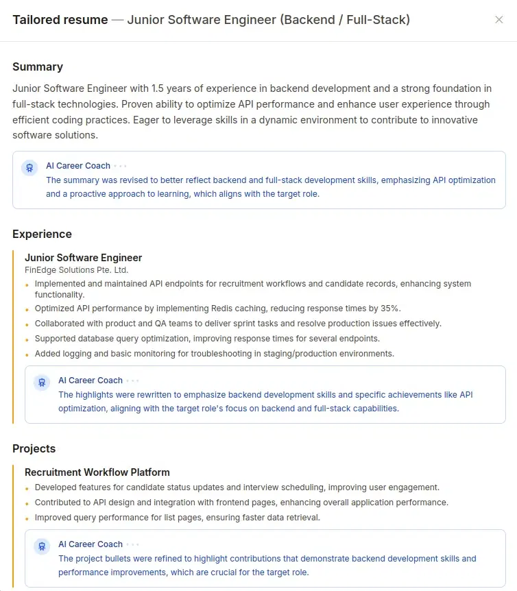 Before/after rewrites - sample resume report screenshot